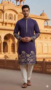 Conjunto de Kurta y Pijama de Seda Bordada de Primera Calidad para Hombre con Detalles en Lámina Dorada – Ropa Étnica para Bodas Reales - Product Image 2