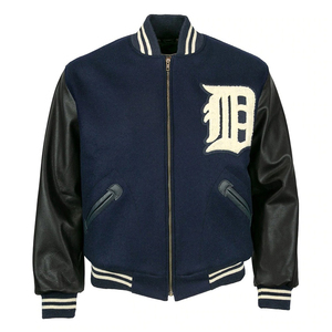 Men's Navy Blue Varsity Jacket White Embroidered Letter D Breathable Crew Neck Wool Lining <b>Covered</b> <b>Button</b> Closure STREETWEAR - Product Image 2