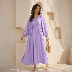 Elegant Lavender Soldi Plain Cotton Maxi <b>Dress</b> With V-Neck Puff Sleeve <b>Loose</b> Fit Boho Style Summer Casual <b>Dress</b> For Women - Product Image 5