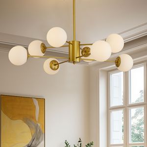 Lustre moderne à 8 lumières dorées de 35 pouces, design élégant de style mi-siècle avec branches, globes en verre blanc, luminaires suspendus - Product Image 5