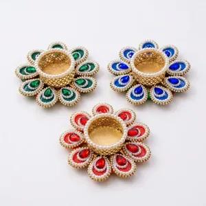 Handmade Round Tea Light Holder with Pearl Beaded Flower Design in Blue Green <b>Red</b> for Home Decoration Traditional Pearl Beaded - Product Image 5