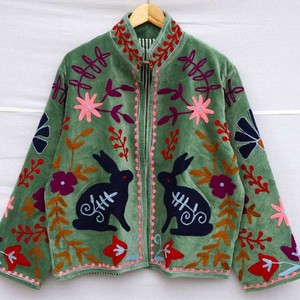 Cotton Velvet Suzani Embroidered Hand-<b>Stitched</b> Fabric Regular-Length Casual Unisex Winter Women Party Wear <b>Coat</b> - Product Image 1