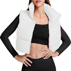 Dernier modèle de gilet matelassé pour femme à col montant, couleur unie, fermeture éclair, coupe courte, vêtement d'extérieur décontracté, coupe-vent, imperméable, avec fourrure - Product Image 1