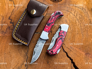 Juego de Cuchillos de Caza de Acero de Damasco Hechos a Mano, 5 Piezas, Mango Rojo, Hoja de Punta Caída, Cuchillo Utilitario de Filo Recto, Funda de Cuero - Product Image 4