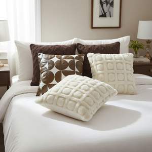 Juego de 6 Fundas de Cojín Decorativas SOGA, Color Marrón Chocolate, Tejido con Pompones Crema, Diseño Geométrico Retro - Product Image 5