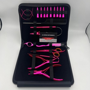 Metallic Pink Color Stainless Steel Custom Logo Hair Extension Pliers Tools Kit Comb Scissors Razor Loop <b>Hook</b> Sectioning <b>Clips</b> - Product Image 4
