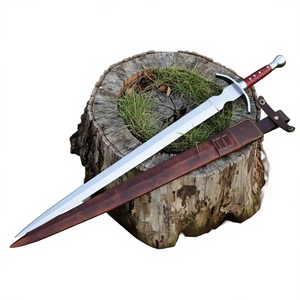 Épée médiévale à lame droite et pointe de lance, avec poignée en cuir rouge et fourreau marron, à prix avantageux - Product Image 5