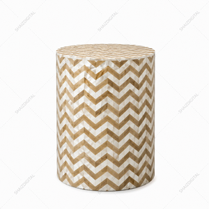 ShaizDigital Bone Inlay Modern Round Wooden Ottoman <b>Stool</b> with Fabric Upholstery Chevron Pattern Accent <b>Seat</b> Living Room Bedroom - Product Image 1