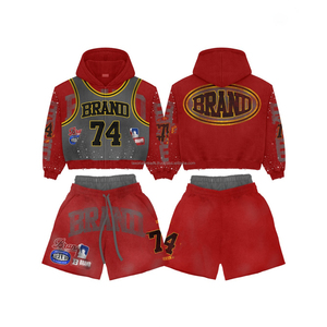 2026 Custom Puff Print Logo Women Two Piece Hoodie <b>Set</b> Cut <b>Sew</b> Cotton Joggers Sun Faded Cropped Hoodie and Short <b>Set</b> - Product Image 3