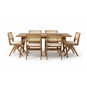 ARTERRA Luxury Modern Teak Wooden <b>Dining</b> Table and Rattan Webbing <b>Chair</b> Set with Cushion for Home - Product Image 2
