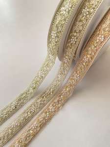 Accessoires vestimentaires, bordure en dentelle métallique or et argent, paillettes, broderie jaune doré, soluble dans l'eau, écologique - Product Image 4