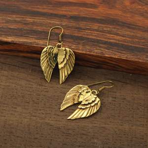 Antique Gold Plated Brass <b>Wings</b> Drop <b>Earrings</b> Vintage Christian Unisex Jewelry - Product Image 2