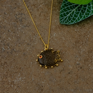 Smoky Quartz Gemstone Fish Pendant <b>Necklace</b> Handmade Carved <b>Statement</b> Jewelry Gold Plated Chain <b>Necklace</b> With Red Stone Accent - Product Image 4