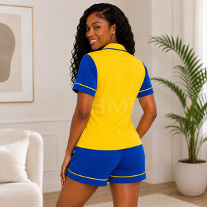 Conjunto de Pijama de Manga Corta Amarillo y Azul de la Hermandad HMR, Ropa de Dormir Informal de Algodón con Botones al Frente, Ropa de Verano - Product Image 6