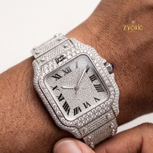 Reloj de Lujo con Moissanita, Caja Cuadrada, Esfera de Cristal de Zafiro, Números Romanos Completos, Tono Plateado, Caja de Acero Inoxidable - Product Image 3