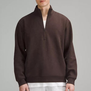 Sweat-shirt à col montant surdimensionné en molleton 100% coton, couleur marron foncé, personnalisable OEM, avec fermeture éclair quart ou demi-zip, pour hommes - Product Image 5