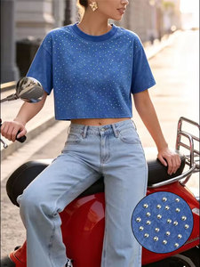 Summer Diamond Cotton Washed T-Shirts Women <b>Crop</b> <b>Tops</b> Casual Street O-Neck Short Sleeve Tees Vintage Womans Clothes - Product Image 1