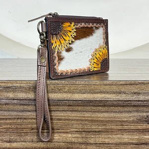 New Arrival Hand Tooled Cowhide Genuine <b>Leather</b> Card Holder Sunflower Design Mini Coin & Card Holder Wristlet Unisex Purse - Product Image 4
