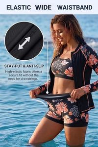 Women's 3 Piece Swimwear Set High Neck <b>Long</b> <b>Sleeve</b> Top Bandeau Bra Shorts Floral Print Contrast Binding Spandex Polyester - Product Image 5