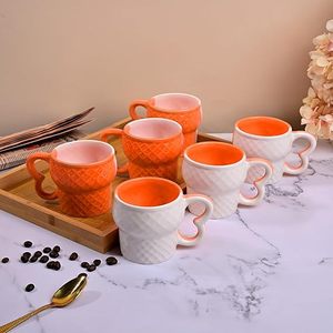 Ensemble de tasses à thé élégantes en céramique texturée diamant, 6 mugs en grès émaillé résistants au micro-ondes avec poignée en forme de cœur, isolation thermique pour boissons chaudes - Product Image 4