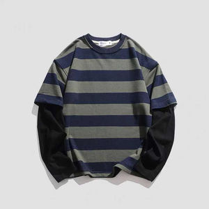 Camiseta de punto a rayas extragrande para hombre al por mayor, con mangas de doble capa, cuello redondo, informal, transpirable, mezcla de algodón de 300 g - Product Image 1