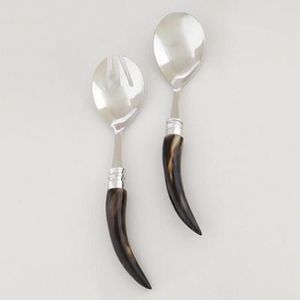Juego de 6 tenedores para ensalada con mango de cuerno artesanal, mangos curvos de color marrón natural, utensilios de acero inoxidable para servir, kit de utensilios. - Product Image 2