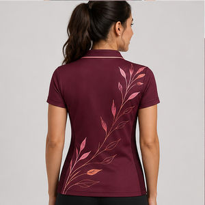 Polo pour femme personnalisé, rose bordeaux, à motif botanique, à séchage rapide, respirant, à manches courtes, uniforme de golf performant WPS-0881 - Product Image 4