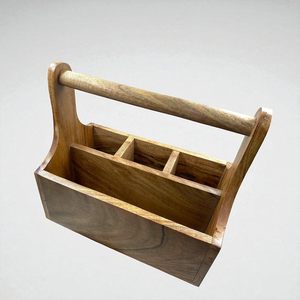 Rustic Wooden Flatware <b>Caddy</b> with Handle Multi Compartment Cutlery Spoon Fork Napkin Holder For Picnic Outdoor Wholesale - Product Image 5