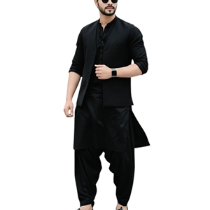 <b>Men</b> Black Cotton <b>Kurta</b> Pajama Waistcoat Set Traditional Shalwar Kameez Regular Fit Floor Length Casual Wear India Pakistan Style - Product Image 3