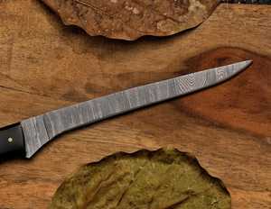 12 Inches Hand-Forged Damascus Steel Fillet Knife | Custom Camel Bone & <b>Black</b> Horn Handle Hunting Knife with Brass Pins - Product Image 3