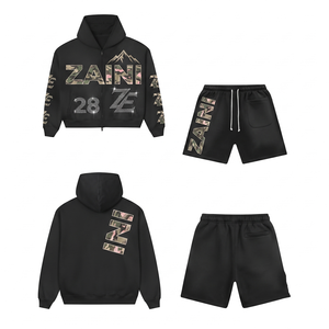 Premium 350 GSM Cotton Polyester Fleece Breathable Winter Pullover Hoodie <b>Shorts</b> <b>Set</b> Custom Logo Black Solid Rhinestone - Product Image 1