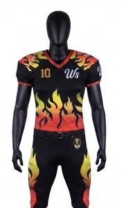 Maillot de football américain personnalisé avec imprimé flamme, design sublimé, col en V, manches courtes, tissu respirant, uniforme ajusté pour homme adulte - Product Image 2
