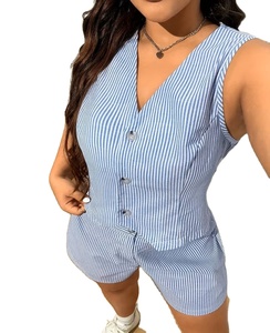 Summer Casual Striped Woven Embroidery Tank Top & Shorts Set Women's Jumpsuit Eco-Friendly Breathable Made In Bangladesh - Product Image 2