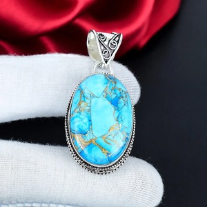 Blue <b>Copper</b> Turquoise Oval Bezel Setting Pendant Sterling Silver Plated Handmade Bohemian Women's Gemstone Jewelry - Product Image 1