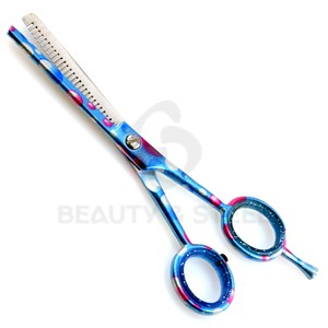 Tijeras de Salón de Lujo Azules y Rosas con Puntos, Rectas de 6 Pulgadas, Acabado con Puntos y Destellos Azules, con Inserciones para los Dedos para un Peinado Preciso - Product Image 3