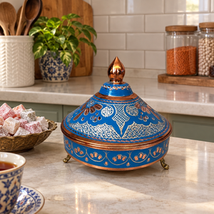 Cremeras de Latón Esmaltado Azul Cobre con Tapa de Cúpula Ornamentada y Cuenco con Base para Decoración de Mesa Tradicional, Suministro al por Mayor - Product Image 2