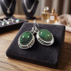 Pendientes colgantes ovalados de turquesa tibetana de plata de ley, joyería de moda hecha a mano - Product Image 4