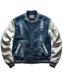 Chaqueta Bomber Vintage para Hombre, Estilo Varsity, de Mezclilla Desgastada, con Tela de Jean Rasgada, Bordes Deshilachados en Contraste, Estilo Casual Urbano, Abrigo de Invierno - Product Image 2