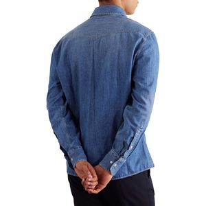 Custom Logo Cotton Denim Breathable Long Sleeve Washed Blue Men's <b>Shirts</b> <b>Button</b> Up Casual Fit - Product Image 3
