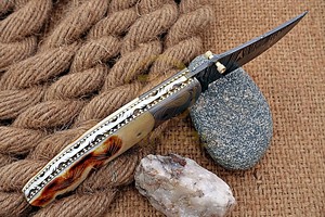 Damascus Steel Drop Point Folding <b>Knife</b> With <b>Bone</b> <b>Handle</b> And Thumb Knob Pocket <b>Knife</b> For Hunting Outdoor Use - Product Image 3