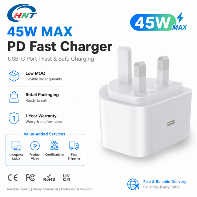 Factory Sale Single Port 45W PD QC Type-C Fast Wall Charger UK Plug UKCA CE ROHS Certified for Mobile Phone OEM/ODM Available