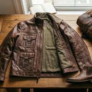 Blouson aviateur en cuir véritable marron pour homme, style vintage classique, avec fermeture éclair sur le devant, poignets côtelés et deux poches à rabat. - Product Image 4