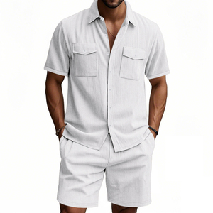 Ensemble décontracté rayé bleu clair pour homme, tenue d'été décontractée, coton tissé respirant, costume deux pièces - Product Image 4