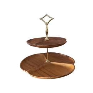 Modern 2-Tier Acacia Wood Cake Stand Handmade Wooden Cupcake <b>Tower</b> And Dessert Display Platter With Metal Handle In Best Price - Product Image 1