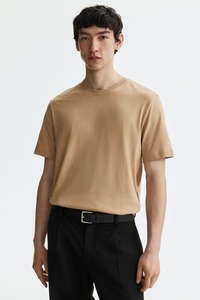 Camiseta de algodón lavado informal para hombre, color beige sólido, manga corta, cuello redondo, con logo personalizado, corte regular, estilo vintage. - Product Image 5