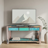 Table console rustique en teck avec 3 tiroirs pour chambre, villa, salon, entrée, appartement, hôtel, mobilier de maison, en bois de bateau recyclé