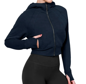 Custom Women's Cropped <b>Zip</b> <b>Hoodie</b> Long Sleeve Drop Shoulder Casual <b>Y2K</b> Pullover Crop Top Hooded Sweatshirts with Hole Decoration - Product Image 5