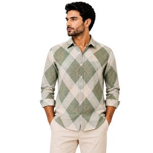 Chemise à manches longues pour homme en coton à carreaux vert sauge et beige, style décontracté, boutonnée, fournisseur de vêtements de mode en gros sur mesure - Product Image 1