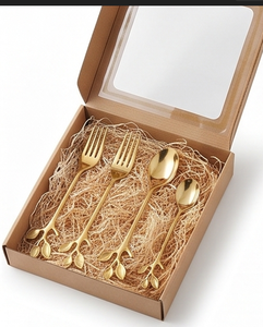 Ensemble de couverts en acier inoxydable plaqué or avec motif feuille, manche long, vaisselle élégante pour mariage, style glamour - Product Image 6