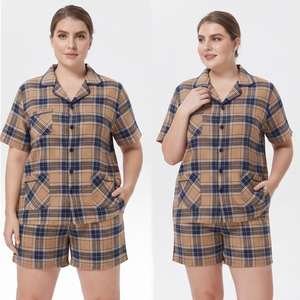 Ensemble pyjama court à manches longues en flanelle à carreaux pour femme, chemises de nuit en flanelle à carreaux, ensemble de pyjama court pour femme - Product Image 6
